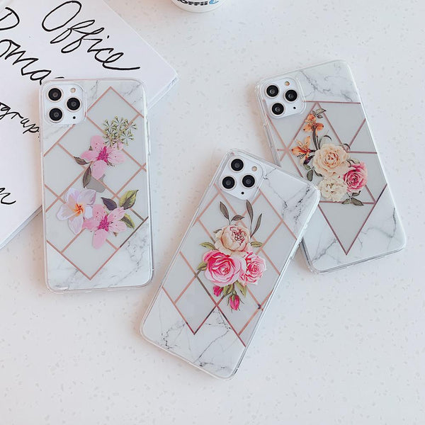 Marble Electroplated Flowers Case-C2852-S1-11PM-case-Jelly Cases
